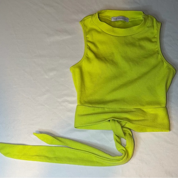 Miss Sparkling Tops - Miss Sparkling Neon Green Ribbed Crop Tank Tie Back Y2K Top Small